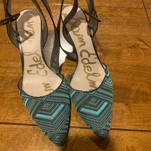 Beautiful! Turquoise and black Sam Edelman ankle strap heels, w/ some heel wear